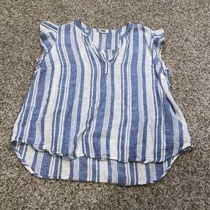 Blue and white striped top with ruffles on shoulders, EUC
